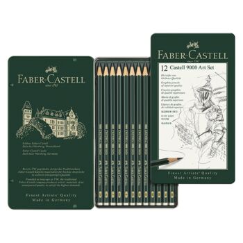 CRAYON GRAPHITE CASTELL 9000 ART BOITE METALLIQUE DE 12 PIECES "FABER CASTELL" REF: 119065