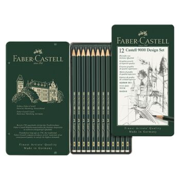 CRAYON GRAPHITE CASTELL 9000 DESIGN BOITE METALLIQUE DE 12 PIECES "FABER CASTELL" REF: 119064