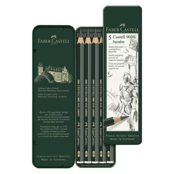 CRAYON GRAPHITE CASTELL 9000 JUMBO BOITE METALLIQUE DE 5 PIECES "FABER CASTELL" REF: 119305