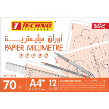 PAPIER MILLIMETRE 70g POCHETTE 12 FEUILLES A4 AVEC 21.5x31.5cm "TECHNO" REF: 9136