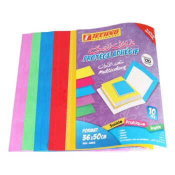 PROTEGE LIVRE ADHESIF 5 COULEURS 36x50 cm PQT 10 FEUILLES "TECHNO" REF: 4982